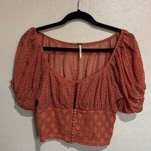 Free People blouse Textured Crop Top with Puff Sleeves